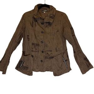 Ki Meng Brown & Black Newspaper Print Light Jacket Size S Art To Wear, Indie